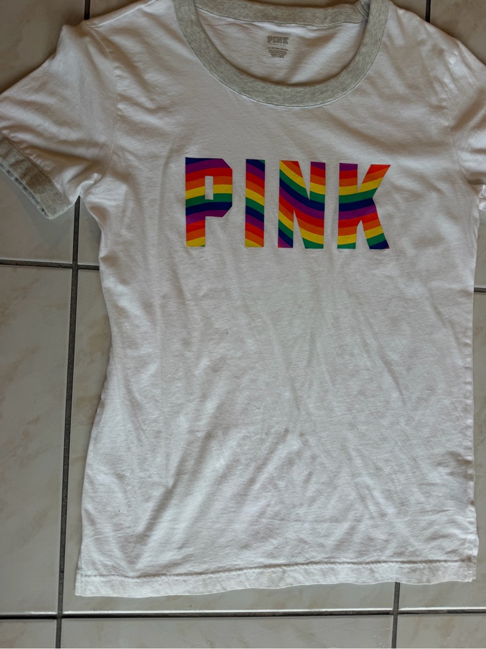 PINK Victoria's Secret White Ringer Tee with Rainbow Logo